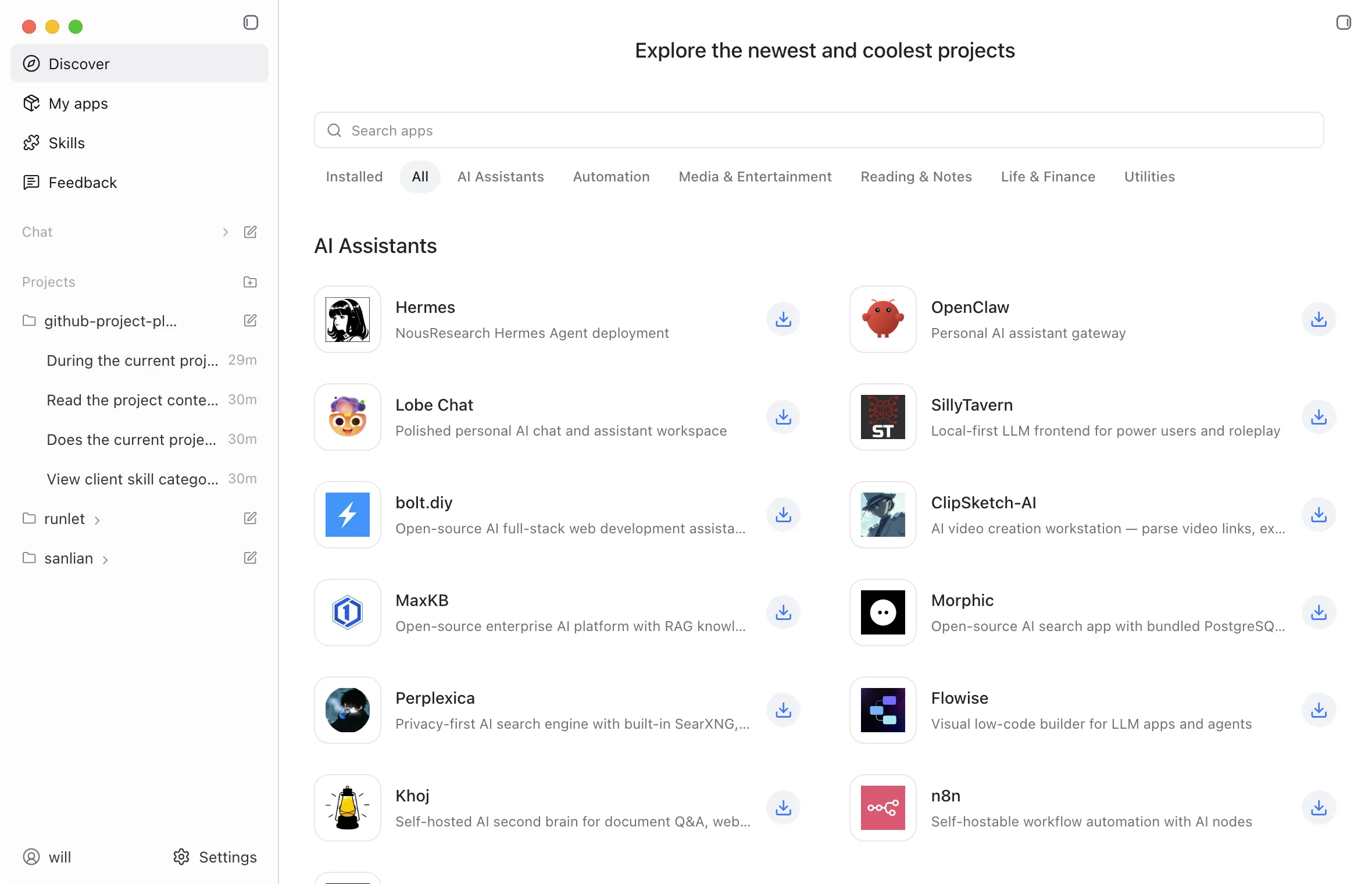 Runlet local AI app catalog showing app cards, run controls, previews, logs, and provider settings.