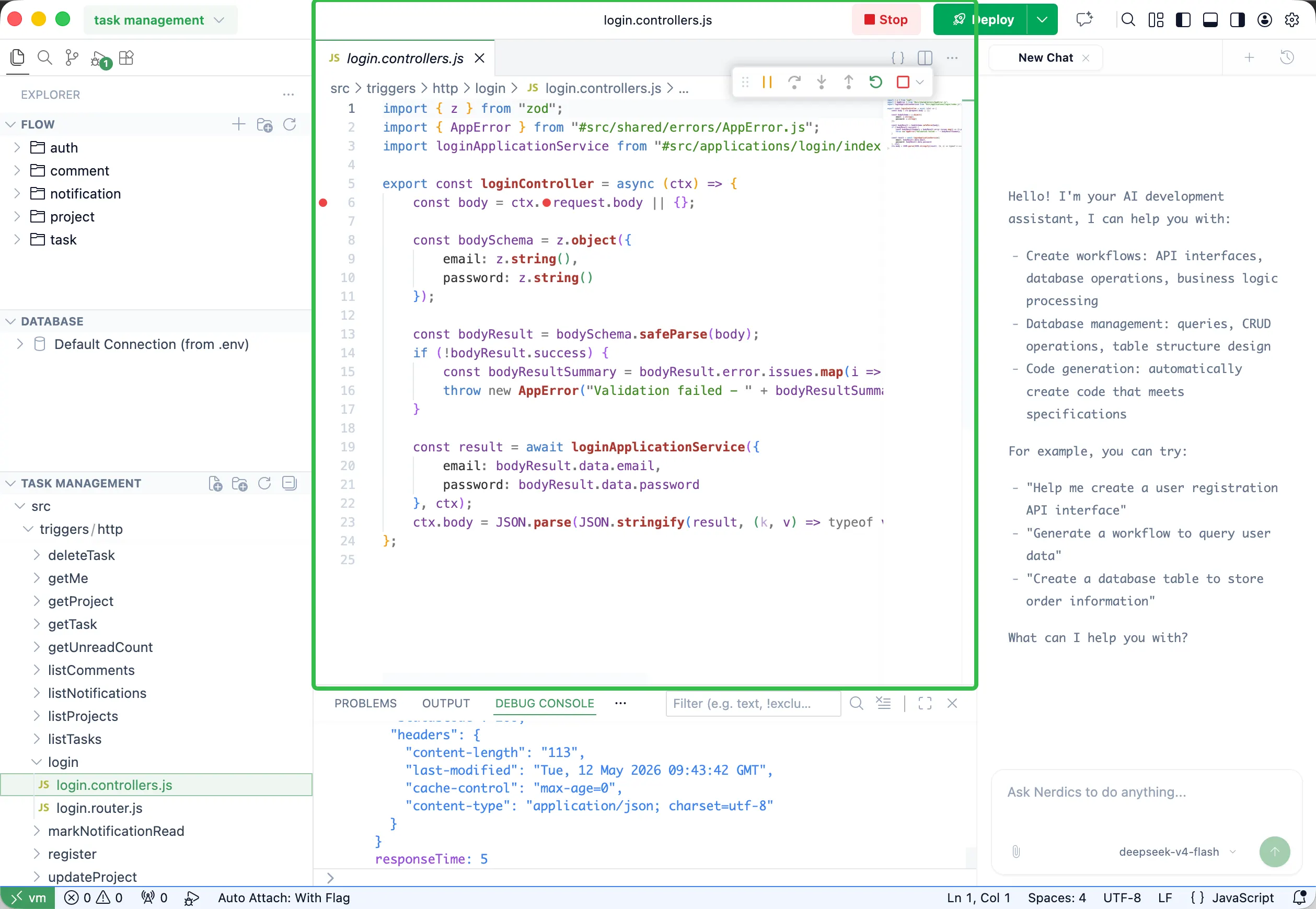 Nerdics debug runtime area after running a project