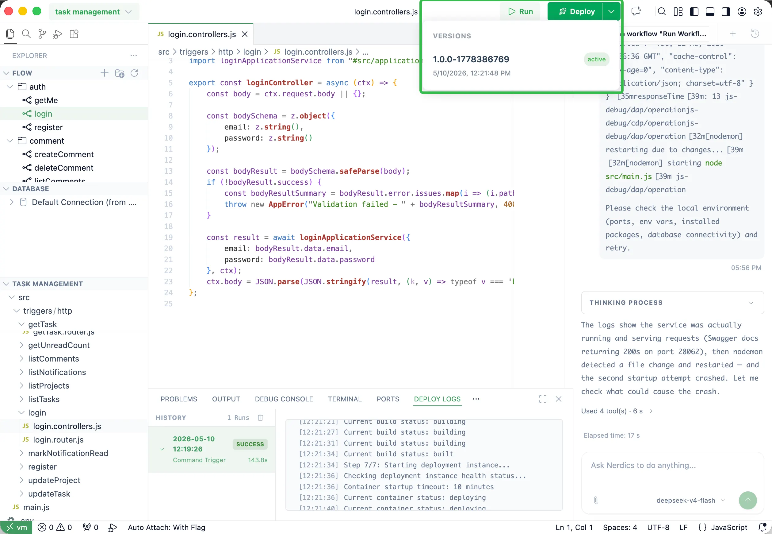 Nerdics deploy menu with deployment history