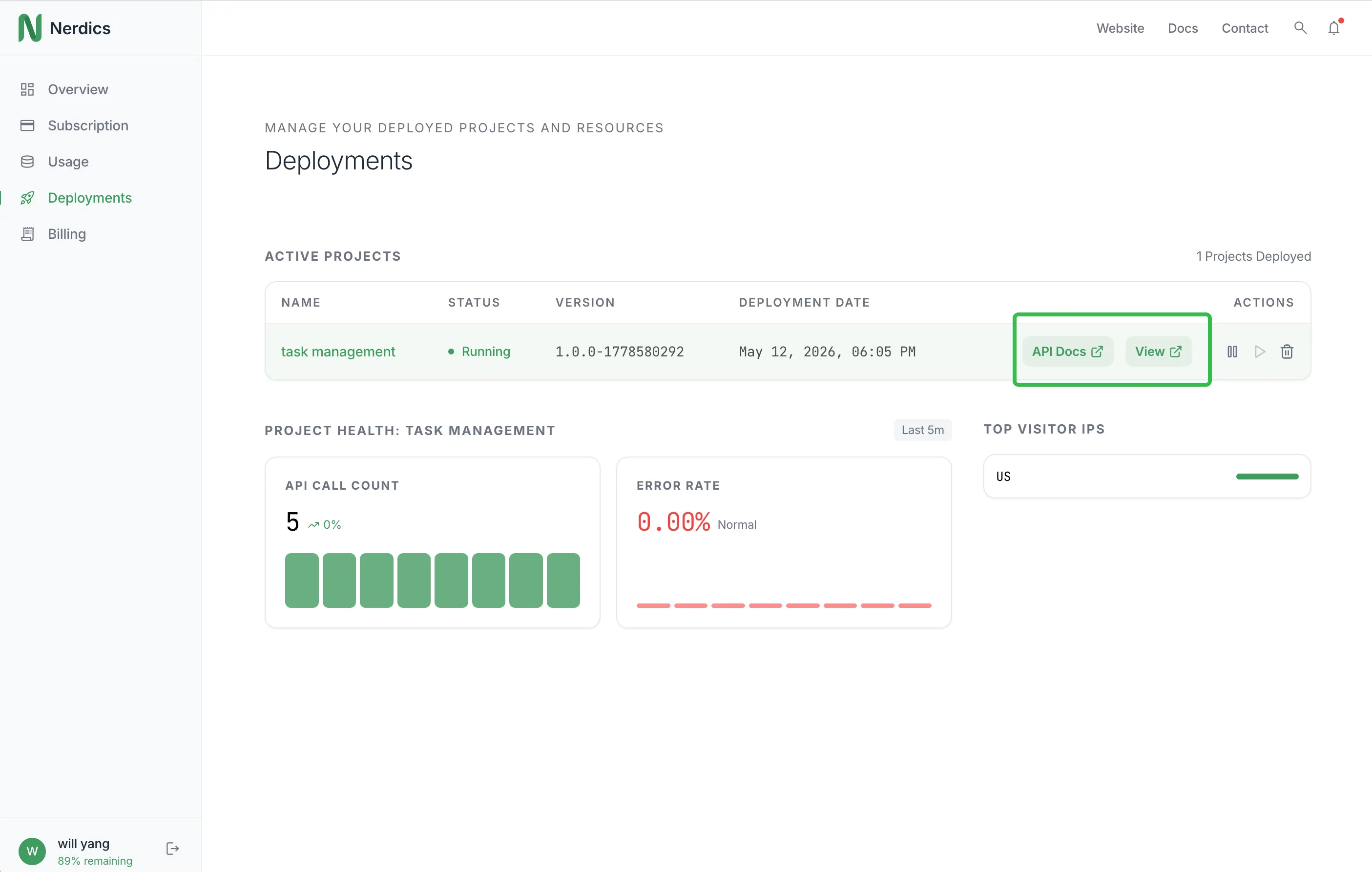 Nerdics deployment console with application controls and service health