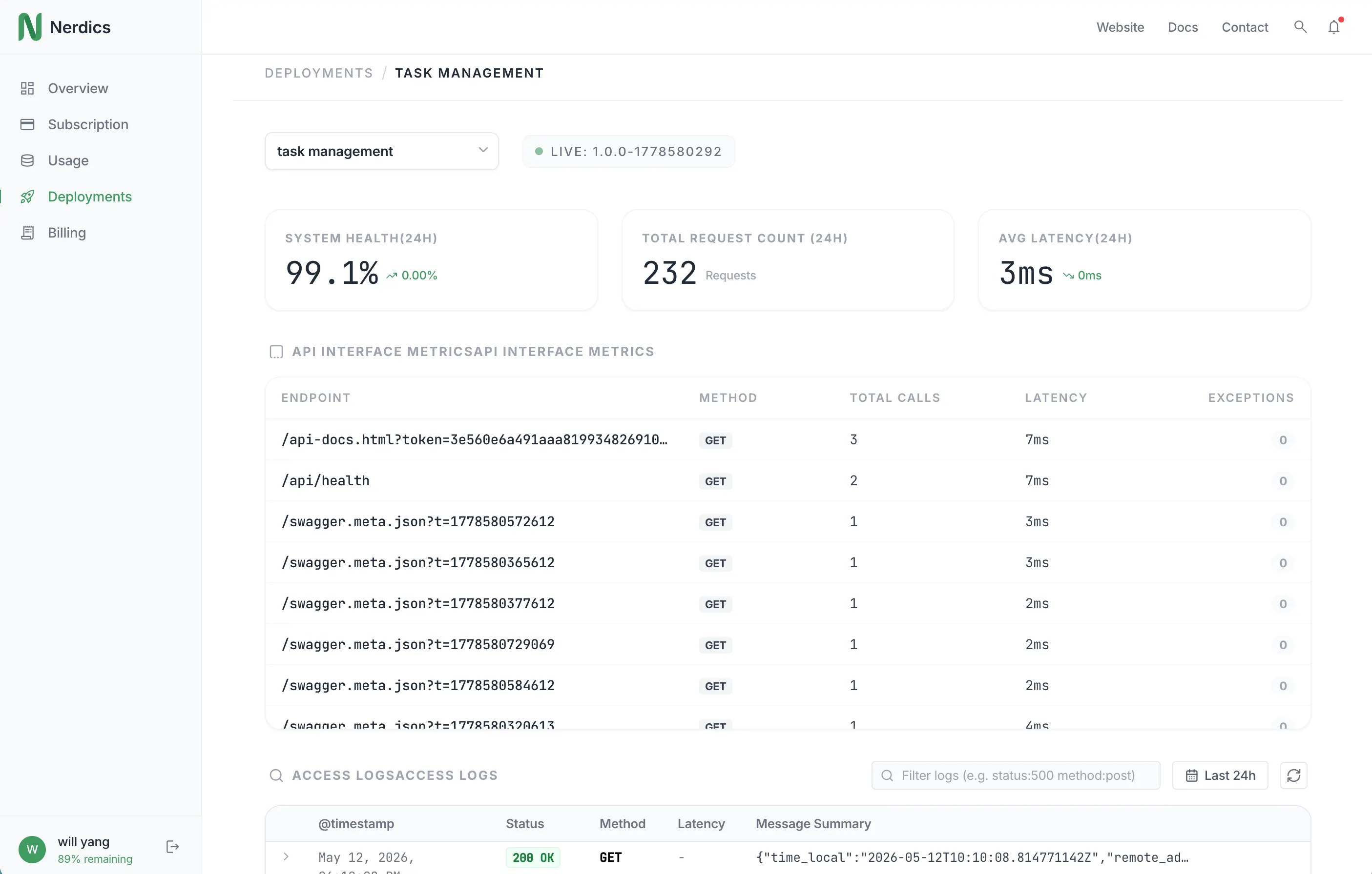 Nerdics deployment monitor showing request and API status