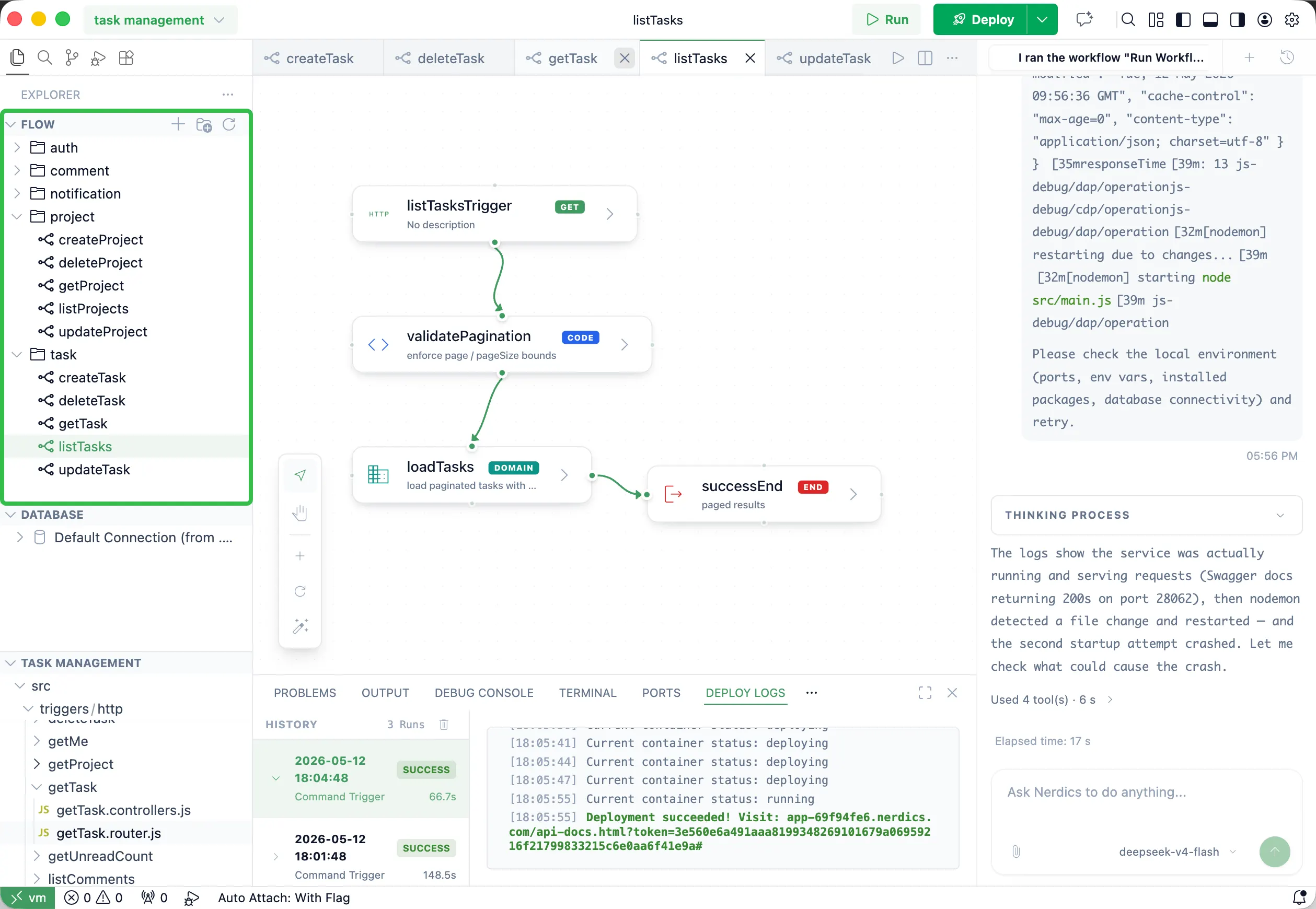 Nerdics flow list and visual flow area