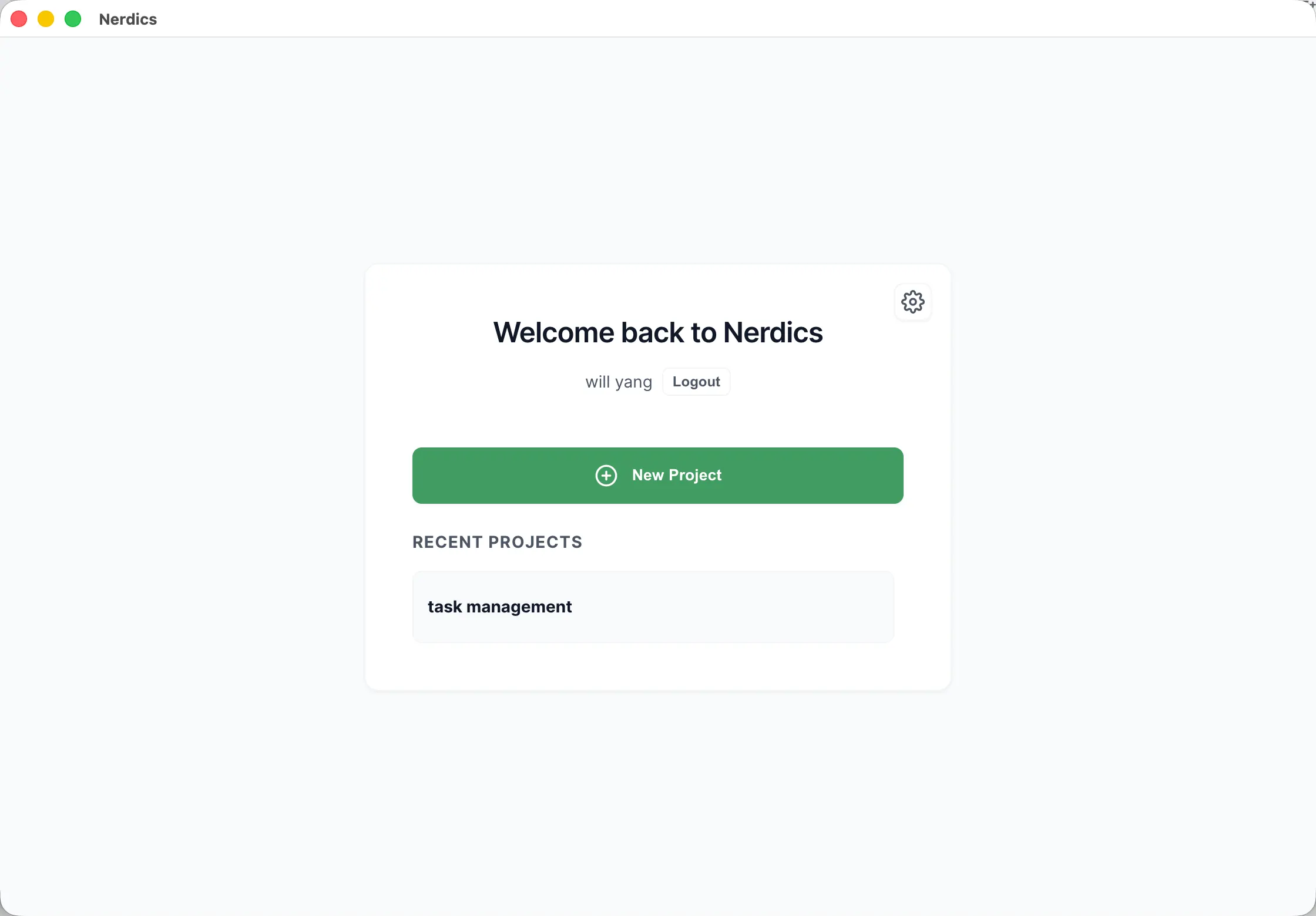 Nerdics logged-in project selection screen